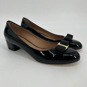 Salvatore Ferragamo Vara Bow Pump Women 8.5 D Wide Black Patent Leather Low Heel